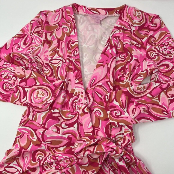 Lilly Pulitzer Karlie‎ Wrap Romper Large Mango Salsa Pink 3/4 Sleeve - Picture 1 of 5